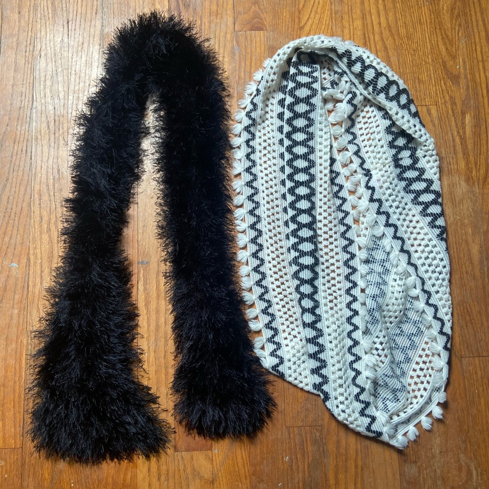black fuzzy scarf, black and white print scarf
